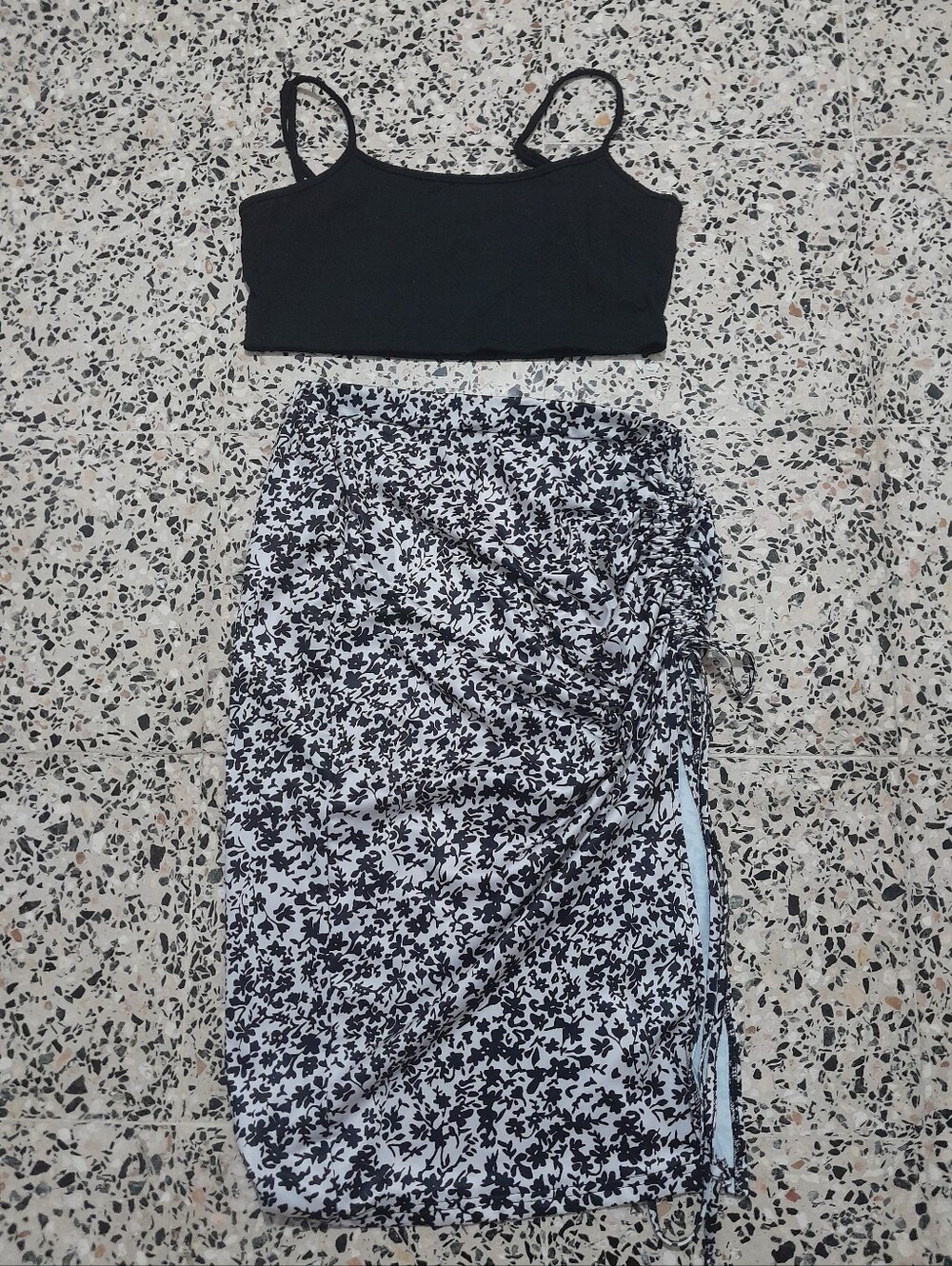 SHEIN Black & White Floral Ruched Side Tie Midi Skirt